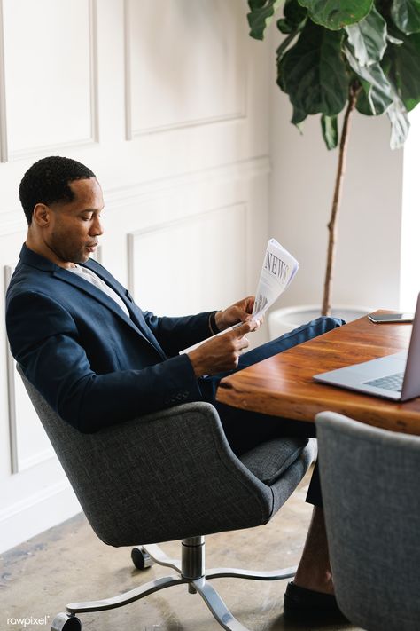 Black businessman reading a newspaper | premium image by rawpixel.com / Felix Black Business Man Office, Transition Glasses, Business Man Photography, Reading A Newspaper, Business Portrait Photography, Lifestyle Shoot, Brand Photography Inspiration, Corporate Portrait, Man Office