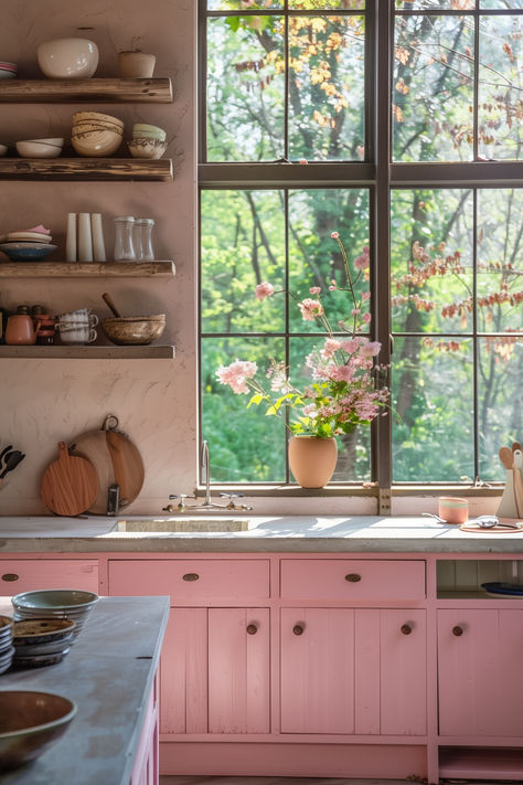 Pink Rustic Tiny Kitchen Inspiration Tiny Kitchen Inspiration, 70’s Kitchen, Fun Interior Design, Retro Pink Kitchens, Colourful Interiors, Peach Kitchen, Paint Inspo, Pink Cottage, Dark Kitchen Cabinets