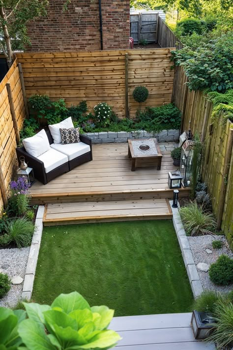 small deck in quaint yard with sofa, grass, a fence and small garden bed Floating Deck Small Backyard, Small Square Garden Design, Small Backyard Ideas On A Budget, Deck On The Ground, Tiny Deck, Build A Floating Deck, Small Deck Designs, Ground Deck, Backyard Deck Ideas