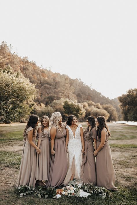 Lulus, Azazie, and Show Me Your MuMu, greenery, lace and low v neck wedding dress Fawn Bridesmaid Dresses, Fawn Wedding Color, Bridesmaid Dresses Mocha, Taupe Azazie Bridesmaid Dresses, Azazie Champagne Bridesmaid Dresses, Azazie Taupe Bridesmaid Dresses, Toffee Bridesmaid Dresses, Low V Neck Wedding Dress, Mountain Wedding Bridesmaid Dresses