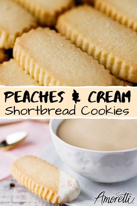 These tasty shortbread cookies are a nice twist on the classic. Adding a splash of our Natural Peaches & Cream Extract just screams Spring. These are a wonderful addition to morning coffee, tea, or an afternoon snack. Use your favorite cookie cutter shapes, we like a simple square to let the decoration (and flavor!) shine and crinkly rectangles for dipping. Tea Time Snacks Sweets, Best Tea Cookies, Peach Shortbread Cookies, Wedding Shortbread Cookies, Spring Shortbread Cookies, Spring Time Cookies, Flavored Shortbread Cookie Recipe, Shortbread Cookie Flavors, Flavored Shortbread Cookies