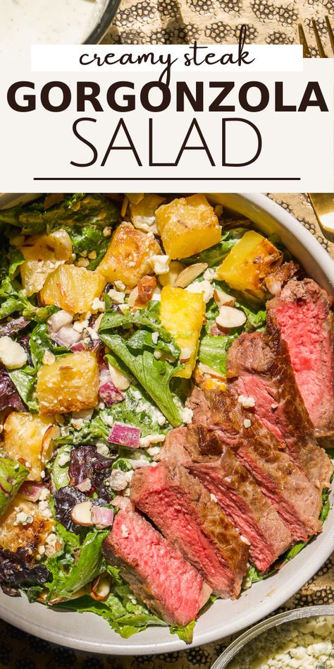 This gorgonzola salad is an easy dish that’s bursting with bold flavors. A delicious combination of juicy steak, crisp greens, and pungent cheese is enhanced even further with the tangy notes and creamy texture of homemade gorgonzola dressing. Hearty, refreshing, and quick to make, it’s a crowd-pleasing dish perfect for date night dinners, packed lunches, and everything in between! Gorgonzola Steak, Salad With Steak, Gorgonzola Dressing, Steak Gorgonzola, Gorgonzola Salad, Cooked Pineapple, Sausage Recipes For Dinner, Date Night Dinners, Packed Lunches