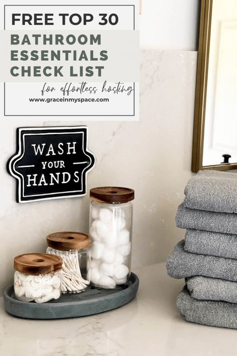 Do you want your guests to feel welcome and comfortable? Here is a guest bathroom essentials list for effortless hosting to put them at ease! Use this free checklist to prepare for your guests to make themselves at home. #fromhousetohaven #guestbathroom #bathroomessentialslist #bathroomessentials #bathroomchecklist #hostingchecklist What To Put In Guest Bathroom, Bathroom Supplies List, Bathroom Essentials List, Bathroom Essentials Checklist, Guest Welcome Baskets, Grace In My Space, Guest Bathroom Essentials, Guest Basket, Guess Room