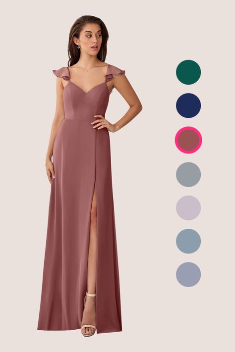 Whimsical, ethereal, and romantic - Everett is everything a boho-inspired bridesmaid dress should be! Designed in chiffon, this floor length dress is light, airy, and perfect for the big day. This style’s V-neckline is highlighted with cascading ruffle straps that flow to the back of her bodice. The back of this dress features a cutout and long cascading bow tie, finishing this gorgeous look. Sangria Bridesmaid Dresses, Stretch Satin Dress, Rose Bridesmaid Dresses, Azazie Bridesmaid Dresses, Satin Bridesmaid Dresses, Mermaid Skirt, Floor Length Dresses, Stretch Satin, Custom Dresses