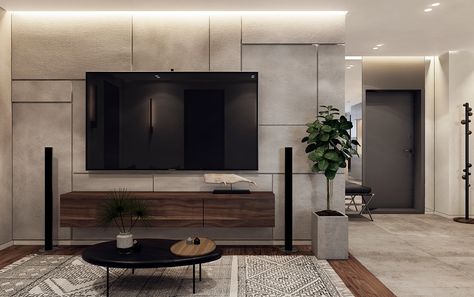 Apartment for grey lovers on Behance Tv Unit Furniture, Living Room Tv Unit Designs, Living Room Tv Unit, Living Room Corner, Room Corner, Home Design Living Room, Living Room Tv Wall, Living Room Decor Modern, Living Room Decor Apartment