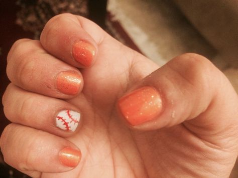 Orange and baseball themed nails. Ready for spring training. Orange Baseball Nails, Baseball Themed Nails, Pedicure Art, Baseball Nails, Themed Nails, Spring Training, Pedicures, Manicure And Pedicure, Cute Nails