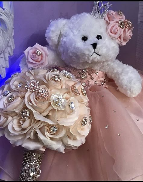 Quince Doll Pink, Quince Bear Pink, Quince Teddy Bear, Enchanted Forest Theme Quinceanera, Quince Doll, Plushie Bouquet, Light Pink Quinceanera, Light Pink Quinceanera Dresses, Quince Accessories