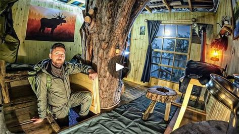 Three different overnight stays in the dugout, tree house, and log cabin forest survival shelters. | Three different overnight stays in the dugout, tree house, and log cabin forest survival shelters. | By JunkiFacebook Forest Survival, Cabin Forest, Survival Shelter, Log Cabin, Tree House, Small House, Tiny House, Cabin, Forest