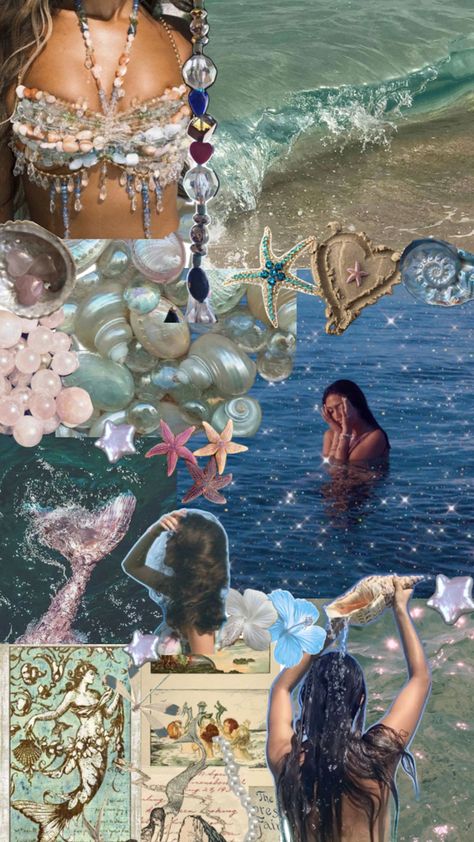 Mermaid, pearl, crystal, beads, sea, beach, star, starfish, glitter, sand, shell, seashell, swimming Diy Fashion Photography, Aphrodite Aesthetic, Grunge Pictures, Beachy Aesthetic, Mermaid Core, Mermaid Swimming, Pretty Halloween, Pearl Beach, Magazine Collage