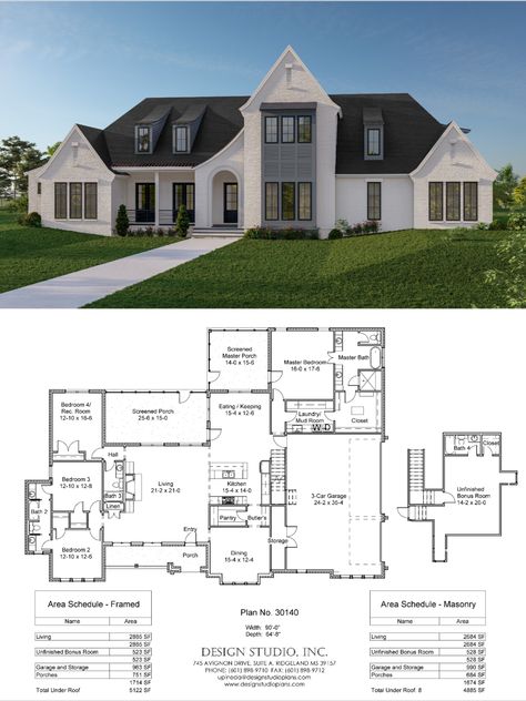 Modern Transitional 4 bedrooms - 3 baths Screened Porch House Plan With Screened Porch, Screen Porch Layout, Transitional Floor Plans, Pretty Houses, Cottage Floor Plans, Mountain House Plans, Architecture Concept, Bedroom Floor Plans, Dream Cottage