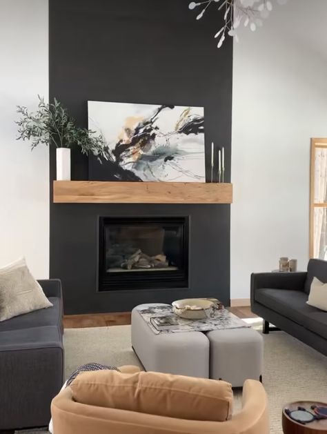 Soft Black Fireplace, Black Fireplace Remodel, Painted Drywall Fireplace, Black Drywall Fireplace, Gas Fireplace For Small Living Room, Monochromatic Fireplace And Wall, Flat Black Fireplace, Rooms With Black Fireplaces, Contemporary Wood Fireplace