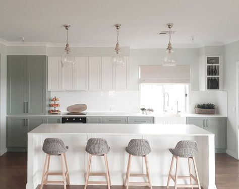 Green is Bayleaf from Laminex Laminex Bayleaf Kitchen, Laminex Bayleaf, Eucalyptus Kitchen, Black Benchtop, Green White Kitchen, Light Green Kitchen, New Build Kitchen, Laundry Cupboard, Kitchen 2022