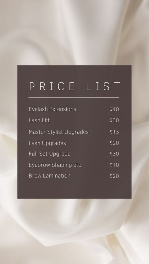 Price List Design, Esthetician Marketing, Price List Template, Business Cards And Flyers, Brow Lift, Marketing Business Card, Nail Services, Book Labels, Brow Lamination