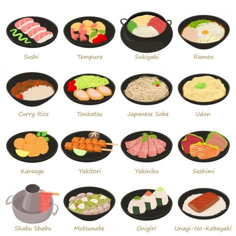 Aesthetic Food Cartoon, Korean Food Cartoon, Japanese Food Dishes, Restaurant Cartoon, Japanese Food Names, Japenese Food, Japanese Dinner, Food Japanese, Cartoon Food