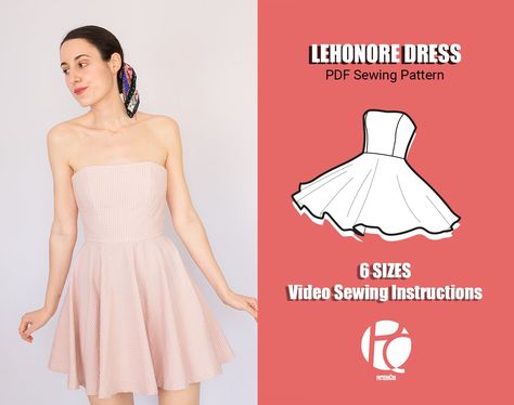 LEHONORE DRESS | PDF Sewing Pattern Truly versatile strapless neckline dress. Depending on the type of fabric, the dress can acquire a casual or party style. The strapless bodice can be used with two types of skirt, circle skirt or gathered skirt.  The length is easy to adjust. The length in this pattern is mini. Optionally you can lengthen the skirt to obtain a midi length as for example the black model, in any case you can modify it as you like from the original length. Petticoat is not includ Strapless Dress Pattern Sewing, Strapless Mini Dress Sewing Pattern, Circle Skirt Dress Pattern, Dress Sewing Patterns Easy, Strapless Dress Pattern, Circle Skirt Pattern, Simple Sweatshirt, Gathered Skirt, Necklines For Dresses