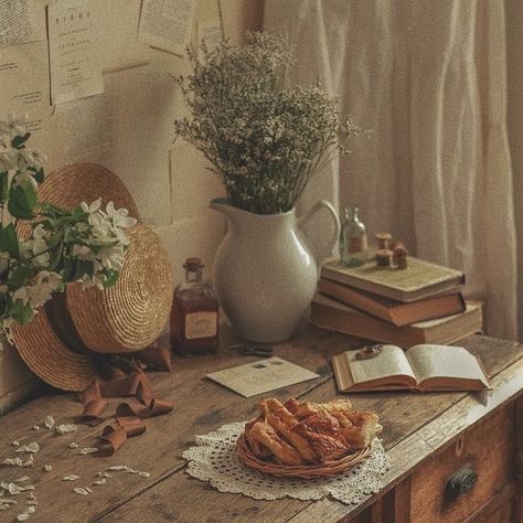 Cottage Core Table, Cottagecore Room Ideas, Edwardian Sideboard, Cozy Table, Table Photography, Cottagecore Home Decor, Macrame Hanging Chair, Simple Living Room Decor, Beige Chair