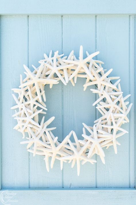 DIY Floating Starfish Wreath - Finding Silver Pennies Star Fish Diy Crafts, Sea Wreath, Diy Starfish, Starfish Wreath, Coastal Wreath, Moss Wreath, Cottage Wreath, Seashell Wreath, Shell Wreath