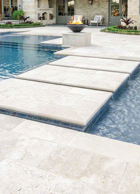 Tuscany Beige Tumbled Travertine pavers embody style and class. Their warm cream and tan hues add rustic sophistication to any landscape/hardscape design. This versatile travertine is available in a range of sizes from 8x8 to 24x24 for ultimate flexibility in design. Travertine Pool Decking, California Pool, Coping Tiles, Pool Paving, Deck Piscina, Travertine Pool Coping, Pool Pavers, Travertine Outdoor, Travertine Pool