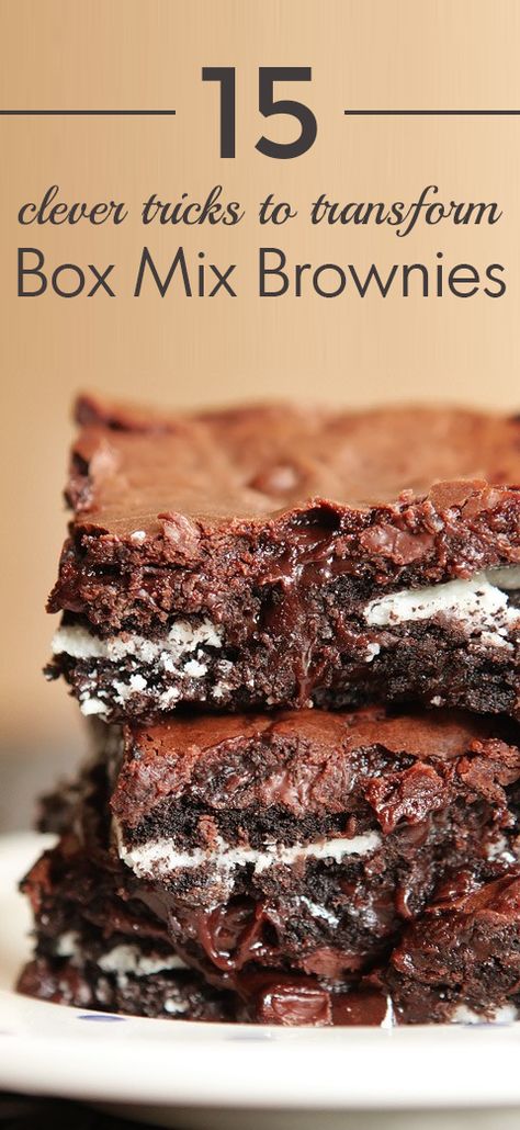 15 Clever Tricks to Transform Box Mix Brownies | No more boring brownies. Up the wow factor for your next batch of brownies with this collection of recipes . With a few added ingredients you can transform your basic brownie mix into peanut butter cup brownies or cookies & cream brownies or s'mores brownies or even brownie cookies. Which one will you try first? Click for the recipes. #sweettreats #sweets #yum #brownies #desserts #delicious Make Box Brownies Better, Box Brownies Better, Brownie Mix Desserts, Box Mix Brownies, Brownie Mix Recipes, Edible Recipes, Make Box, Fudge Brownie Recipe, Fudgy Brownie Recipe