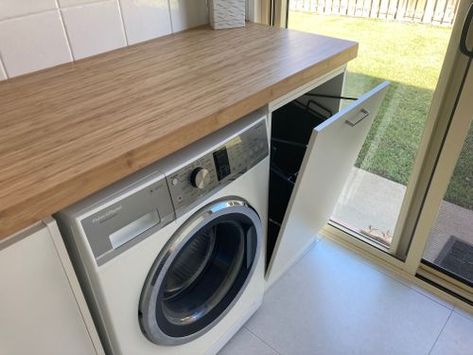 Mini laundry makeover | Bunnings Workshop community Bunnings Laundry, Toilet Roll Holder Shelf, Mini Laundry, Laundry Renovation, Laundry Makeover, Laundry Chute, Corner Cupboard, Grey Laminate, Washing Basket