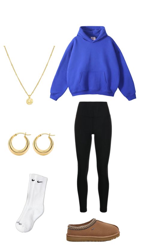 Blue Cotton hoodie, Lululemon Black Align leggings, UGG Tasman shoes, gold hoop earrings, Nike socks, gold pendant necklace Nike Leggings Outfit, Lululemon Outfit Winter, Outfit Ideas For School Leggings, Winter Hoodie Outfit, Black Align Leggings, Nike Socks Outfit, Blue Hoodie Outfit, Nike Hoodie Outfit