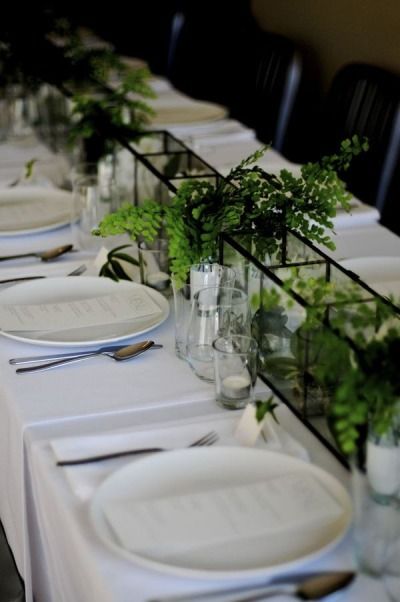 Fern Wedding, Terrarium Wedding, Modern Centerpieces, Boston Wedding, Beautiful Centerpieces, Simple Green, Wedding Boston, Event Inspiration, Wedding Tablescapes