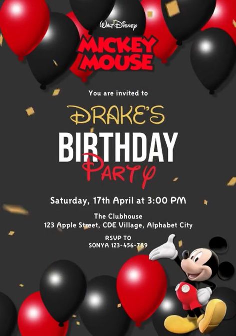 270+ customizable design templates for ‘mickey mouse’ Mickey Mouse Birthday Invitations Templates, Mickey Mouse Birthday Invitations Free, Mickey Mouse Invitation Template Free, Mickey Mouse Invitation Template, Drake Birthday Party, Mickey Mouse Birthday Invitation, Spongebob Birthday Party Decorations, Mickey Mouse Bday, Mickey Mouse Birthday Invitations