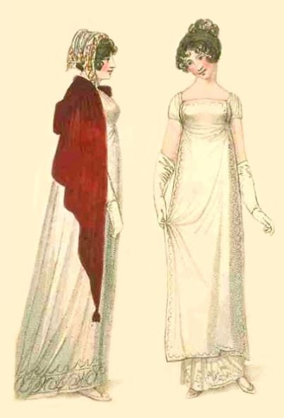 1809 Fashion Plate "Evening Dresses."  From "Fashions of London and Paris, Evening Dress, December 1809." 1820 Fashion, Walking Dress, Regency Gown, Regency Era Fashion, 1800s Fashion, Regency Dress, Regency Fashion, 19th Century Fashion, Regency Era