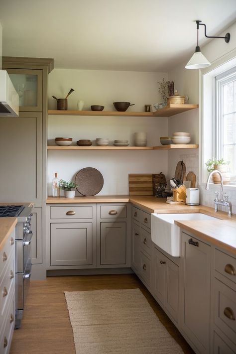 Taupe kitchen cabinets offer a warm, earthy tone in a minimalist kitchen with wooden shelves and accents. Best Kitchen Cabinet Colors, Taupe Cabinets, Taupe Kitchen Cabinets, Yellow Kitchen Cabinets, Beige Kitchen Cabinets, Kitchen Cabinets Colors, Creative Kitchen Ideas, Wood Restoration, Taupe Kitchen