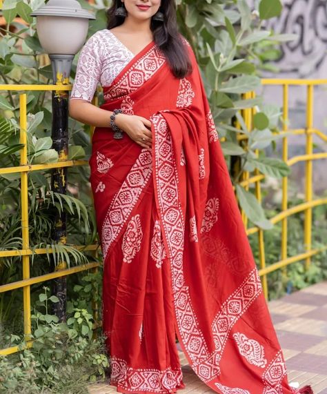 ***SOFT CHANDERI COTTON SAREE with hand block batik prints ~Cotton tassles on pallu ~Blouse- white chanderi cotton with saree matched block print designs ~Saree - 5.5 meters CODE: HPOO1220 WHATSAPP @ 8618709919 / DM **Humble Pleats offers ALL INDIA FREE SHIPPING **Accepts online payments. Do not offer exchanges, cash on delivery, or returns - except for damaged products. In the case of a damaged product, it must be in its original condition in order to be eligible for a return.***Light... Block Print Designs, Chanderi Cotton Saree, Onam Saree, Saree Styling, Onam Celebration, Onam Festival, Ethnic Wears, Saree Traditional, Cotton Saree Designs