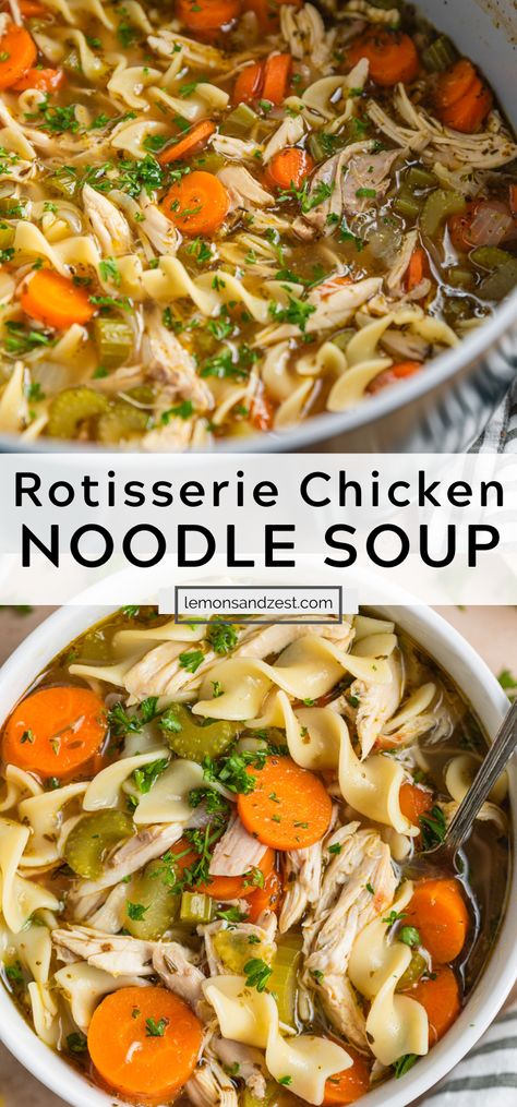 This thick and hearty easy Rotisserie Chicken Noodle Soup recipe is going to be your new favorite cozy soup recipe. So simple to toss everything in and allow the rich, flavorful chicken add all of the flavor! Comfort food at it's easiest! Chicken Noodle Soup Recipe Stove Top, Best Chicken Noodle Soup With Rotisserie Chicken, Fast Chicken Noodle Soup Recipes, Chicken Noodle Soup Leftover Chicken, Quick Chicken Noodle Soup Recipe, Homemade Chicken Soup With Rotisserie Chicken, Best Rotisserie Chicken Soup, Home Made Chicken Noodle Soup With Rotisserie Chicken, Chicken Noodle Soup Made With Rotisserie Chicken