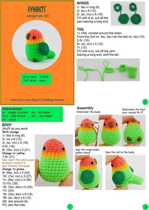 Amigurumi Written Pattern, Easy Crochet Arigumi, Crochet Parrot Free Pattern, First Crochet Project For Beginners, Amigurumi Parrot, Written Crochet Patterns, Parrot Craft, Crochet Parrot, Crochet Kits