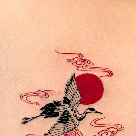 Red Crown Crane Tattoo, Crane Tattoo Men, Sandhill Crane Tattoo, Heron Tattoo, Tattoos 2023, Crane Tattoo, Back Tats, Japanese Crane, Red Crown