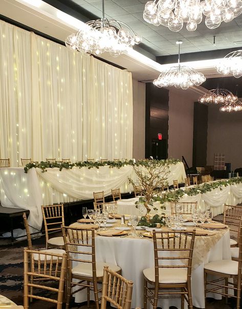 Wedding head table all lit up Bridal Party Head Table, Head Table Wedding Backdrop, Wedding Head Table, Wedding Drapery, Head Table Wedding, Bridal Table, Wedding Theme Colors, Table Set Up, Head Table