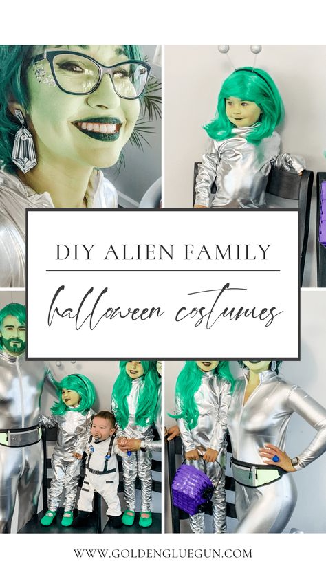 An Alien costume is easy to make, and you can make costumes for the whole family! Love these simple, classic, out-of-this-world costumes! Alien Halloween Costumes Diy, Family Alien Costume, Alien Family Halloween Costume, Alien Family Costume, Diy Alien Costume Women, Cute Alien Costume, Alien Costume Diy, Space Theme Costume, Girl Alien Costume