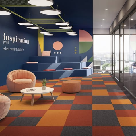 Vibrant Office Design, Modular Carpet Tiles, Art Intervention, Modular Carpet, Office Carpet, Pinstriping Designs, Carpet Installation, Hospitality Design, Carpet Colors