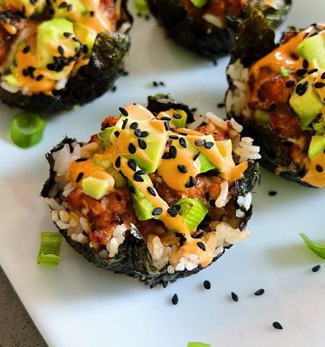 Salmon Sushi Muffins Salmon Sushi Cupcake, Shrimp Sushi Muffins, Salmon Cupcakes Sushi, Canned Salmon Sushi Bowl, Sushi Bites Recipe, Salmon Sushi Muffins, Sushi Muffin Recipe, Barbados Dishes, Salmon Sushi Bites