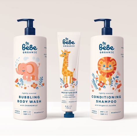 Le Bebe Organic: branding, illustration, logo design, package design Baby Packaging Design, Kids Packaging Design, Baby Branding, Packaging Design Shampoo, Shampoo Packaging Design, Baby Food Packaging Design, Baby Branding Packaging, Kids Package Design, Kids Shampoo Packaging