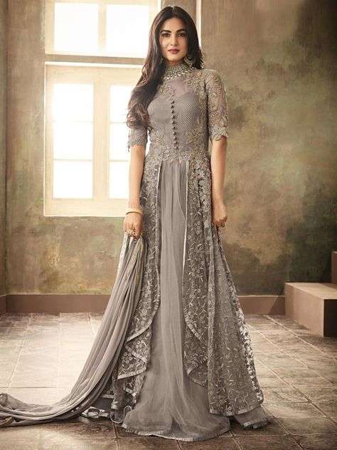 Sonal Chauhan Grey Net Gown Suit - inddus-us Sonal Chauhan, Salwar Kamiz, Designer Anarkali, Indian Gowns Dresses, Fashion Gowns, Indian Gowns, Anarkali Suit, Indian Designer Outfits, Anarkali Dress