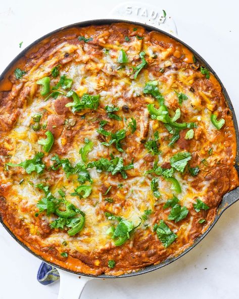 Enchilada Dip | Nourish Deliciously Refried Bean Leftovers, Bean Dip With Enchilada Sauce, Enchilada Bean Dip, Mexican Style Beans, Cream Cheese Enchiladas, Enchilada Dip, Refried Bean Dip, Chicken Enchilada Dip, Refried Bean