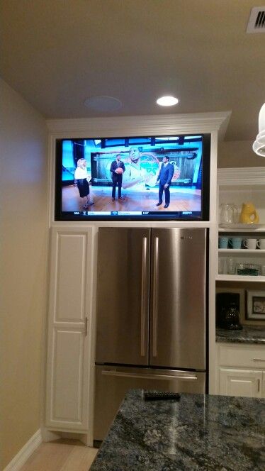 Tv Above Fridge Kitchens, Tv Above Refrigerator, Tv In Kitchen Ideas Tv Placement, Fridge In Island, Tv Over Refrigerator, Tv Over Fridge, Where To Put Tv In Kitchen, Tv In The Kitchen Ideas, Tv Above Fridge