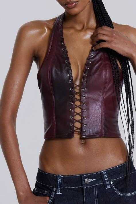 Corset Top With Lace Up Back, Leather Corset Outfit, Leather Top Outfit, Leather Corset Top, Leather Tops, Brown Leather Top, Leather Clothes, Denim Corset Top, Whip Stitch