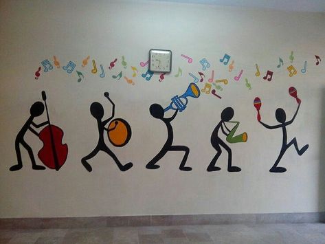 Music Related Art Ideas, Music Mural Art, Music Mural Ideas, Musical Decorations Ideas, Painting Music Ideas, Music Wall Art Ideas, Music Wall Painting, School Wall Art Ideas Classroom, Music Wall Mural