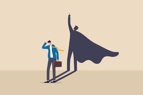 Self confidence or leadership to bring full potential and strength, motivation to achieve business success concept, self doubt businessman standing with his skillful power superhero shadow on the wall Human Shadow, Strength Motivation, Man Standing, Business Success, Human Resources, A Cartoon, Full Potential, Light And Shadow, Self Confidence