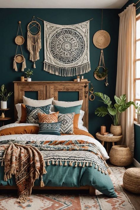 Cozy up your bedroom with these 20 boho-inspired wall decor ideas! From woven tapestries to macrame hangings, there's something for every style. So grab a blanket and get ready to create a relaxing and inviting space that you'll love. Desert Boho Decor Bedroom, Teal And Aqua Bedroom, Boho Room Accent Wall, Boho Bedroom Teal, Boho Wall Decor Ideas, Blue Boho Bedroom, Boho Style Bedroom Decor, Deco Hippie, Teal Bedroom Ideas