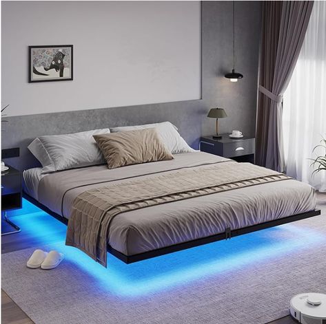 【Modern Floating Bed Frame】 The floating bed frame is supported by inside legs on the reinforced main frame, which provides adequate stabilizing support while still making the bed appear to be floating in mid-air. 
【Under-bed Smart LED Lights】 The king bed frame is equipped with three side hidden light strips under the bed frame. The LED light with a variety of colors and light patterns to choose from. You can also set the music, voice, and timing modes, to discover more wonderfully! Platform King Bed, Hidden Light, Bed Frame King Size, Making The Bed, Bed Frame King, Floating Bed Frame, King Platform Bed, Floating Bed, King Size Bed Frame