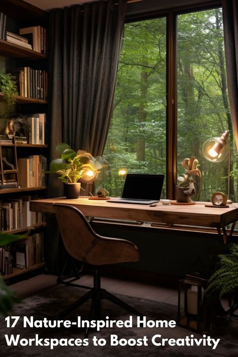 Cozy woodland home office with a rustic desk, leather chair, wooden bookshelves, and a window view of a dense forest. Writing Nook, Wooden Bookshelves, Dark Office, Natural Office, Home Office Designs, Woodland Retreat, Desk Inspiration, Office Designs, Boost Creativity