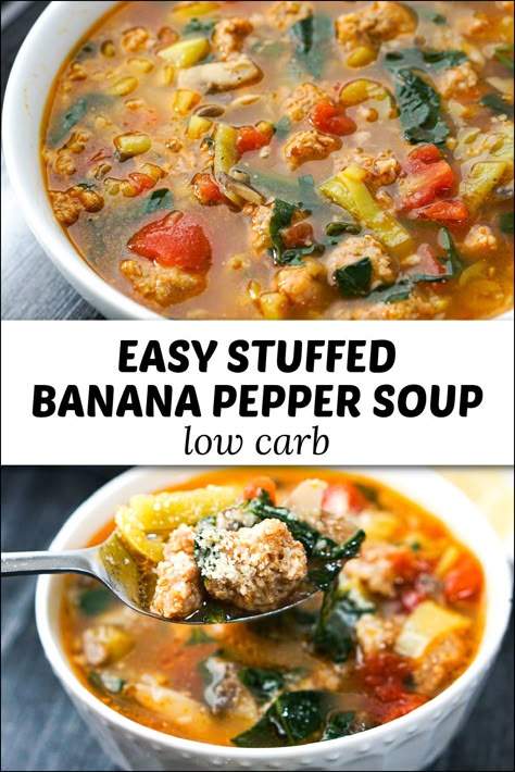 Healthy Banana Pepper Recipe, Leftover Sausage And Peppers, Stuffed Hot Pepper Soup, Banana Pepper Soup Recipe, Stuffed Banana Pepper Soup, What To Make With Banana Peppers, What To Do With Banana Peppers, Hot Pepper Soup, Sausage And Pepper Soup