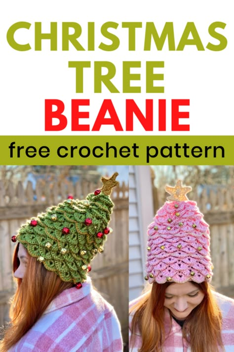 Christmas Tree Beanie, Santa Hat Pattern, Crochet Caps, Tree Hat, Crochet Santa Hat, Crochet Christmas Hats, Christmas Tree Hat, Knitting Hacks, Headband Crochet