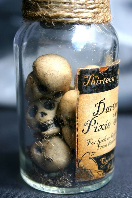 INSPIRATION - Dartmoor Pixie Skulls (Source : http://www.flickr.com/photos/deadspider/5432040442/in/set-72157622088845469) #halloween #decor #skull Ide Halloween, Skulls And Bones, Halloween Potion Bottles, Halloween Apothecary, Halloween Fest, Halloween Bottles, Halloween Potions, Anniversaire Harry Potter, Theme Halloween